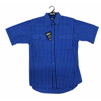 Bisley Mens Short Sleeve Seersucker Shirt Checkered Cotton Blend Casual Business Work - Blue - M