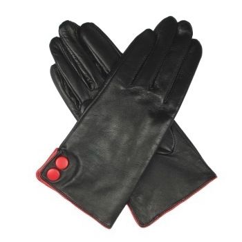 DENTS Ladies Kangaroo Leather Gloves Button Cuff Silk Lining - Black/Red - Small