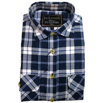 Mens Flannelette Shirt 100% Cotton Check Authentic Flannel Long Sleeve Vintage - White/Blue Denim - S