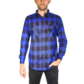 Mens Flannelette Long Sleeve Shirt 100% Cotton Check Authentic Flannel - Full Placket - Royal Blue - 3XL