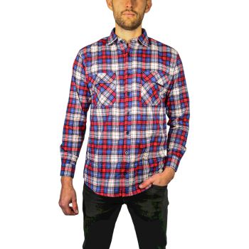 Mens Flannelette Long Sleeve Shirt 100% Cotton Check Authentic Flannel - Full Placket - Navy/Red/White - 3XL