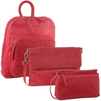 3PC Set Pierre Cardin Womens Woven LeatherÂ Cross-Body Bags + Backpack - Red