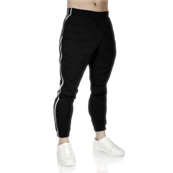 Mens Fleece Skinny Track Pants Jogger Gym Casual Sweat Trackies Warm Trousers - Black/White Stripe - L