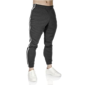 Mens Fleece Skinny Track Pants Jogger Gym Casual Sweat Trackies Warm Trousers - Charcoal Marle/White Stripe - L