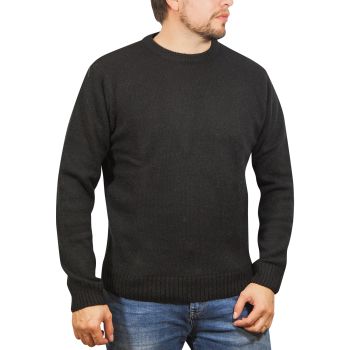 100% SHETLAND WOOL CREW Round Neck Knit JUMPER Pullover Mens Sweater Knitted - Plain Black - 5XL