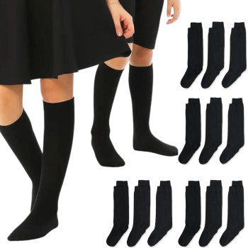 12x Pairs School Uniform Knee High Socks Cotton Rich Girls Boys Kids Bulk - Black - 2-8 (10-12 Years Old)