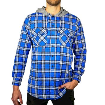 Mens Cotton Flannelette Shirt w Jersey Hood Long Sleeve Flannel - Spanish Blue - 3XL