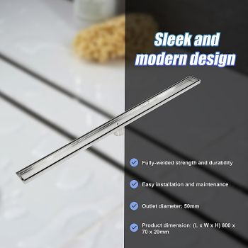 800mm Tile Insert Shower Bathroom Stainless Steel Grate Drain w/Centre outlet Floor Waste