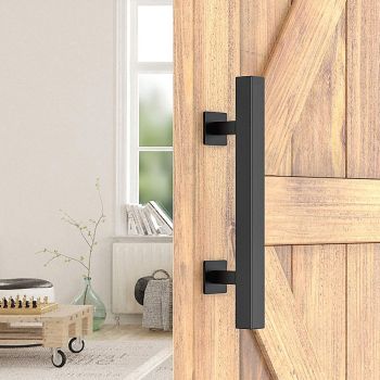 12" Square Pull and Flush Door Handle Set Black Barn Door Hardware