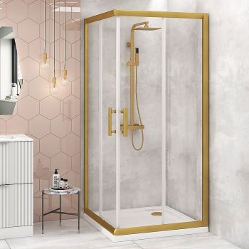 Adjustable 900x900mm Double Sliding Door Glass Shower Screen in Gold