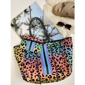 Neoprene Bag - Vegan Tote - 2 Piece Set - Stripe - Rainbow Leopard