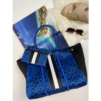 Neoprene Bag - Vegan Tote - 2 Piece Set - Stripe - Blue Leopard