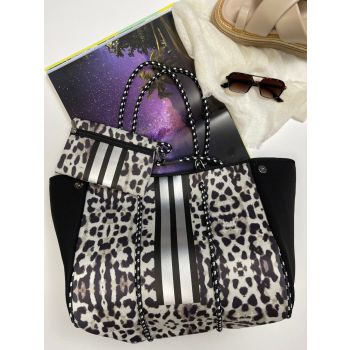 Neoprene Bag - Vegan Tote - 2 Piece Set - Stripe - Black & White Leopard