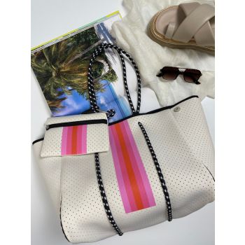 Neoprene Bag - Vegan Tote - 2 Piece Set - Stripe - White