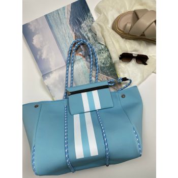 Neoprene Bag - Vegan Tote - 2 Piece Set - Stripe - Light Blue