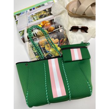 Neoprene Bag - Vegan Tote - 2 Piece Set - Stripe - Emerald Green