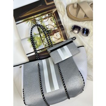 Neoprene Bag - Vegan Tote - 2 Piece Set - Stripe - Grey & Silver