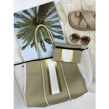 Neoprene Bag - Vegan Tote - 2 Piece Set - Stripe - Beige & Gold