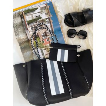 Neoprene Bag - Vegan Tote - 2 Piece Set - Stripe - Black & Grey