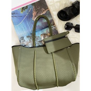 Neoprene Bag - Vegan Tote - 2 Piece Set - Khaki