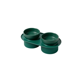 24x Ribbed Ceramic Double Pet Bowl 3pc Set - Emerald