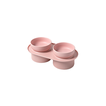 24x Ribbed Ceramic Double Pet Bowl 3pc Set - Pink