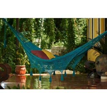 Outdoor undercover cotton Mayan Legacy hammock with hand crocheted tassels King Size Bondi