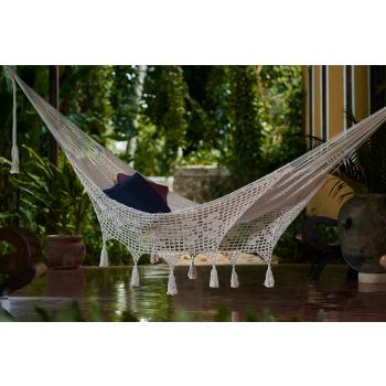 Outdoor undercover cotton Mayan Legacy hammock with hand crocheted tassels King Size Marble