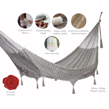 Outdoor undercover cotton Mayan Legacy hammock with hand crocheted tassels King Size Dream Sands