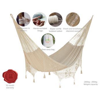 Outdoor undercover cotton Mayan Legacy hammock with hand crocheted tassels Queen Size Marble Colour