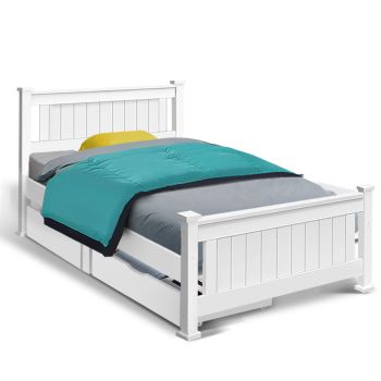 Artiss Bed Frame Single Size Wooden with 2 Drawers White RIO